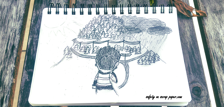 A cartoon sketch of a person looking a two roads on a mountain, one going to a sunny side and one going to a rainy side.